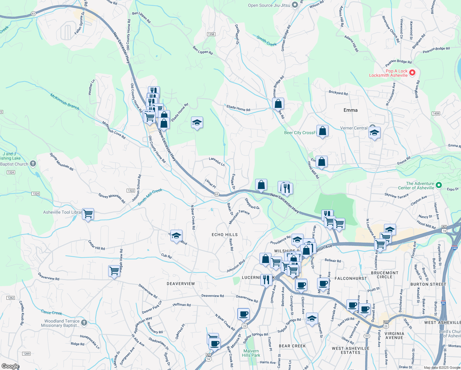 map of restaurants, bars, coffee shops, grocery stores, and more near 48 Lancelot Lane in Asheville