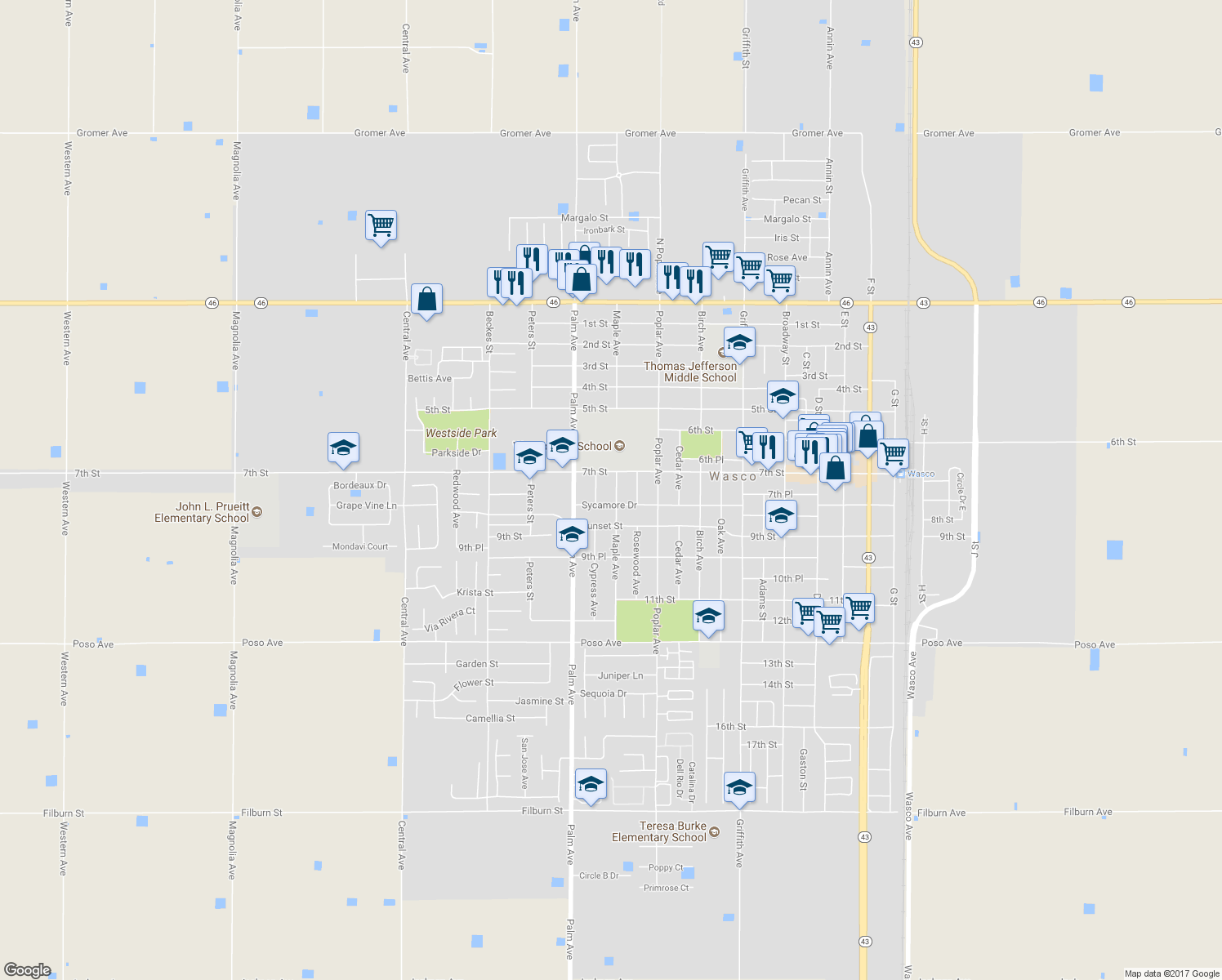 map of restaurants, bars, coffee shops, grocery stores, and more near 733 Maple Avenue in Wasco
