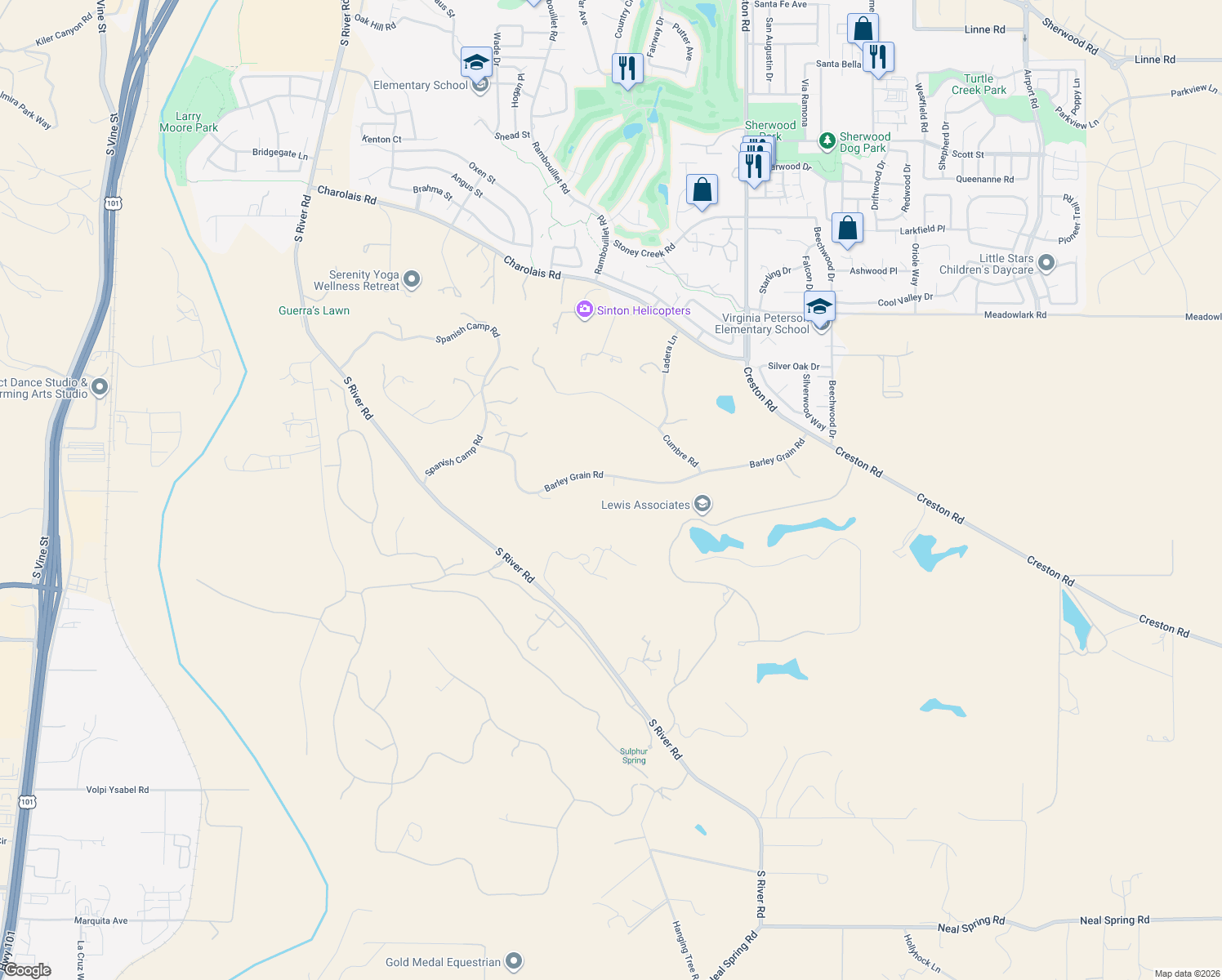 map of restaurants, bars, coffee shops, grocery stores, and more near 1655 Barley Grain Road in Paso Robles