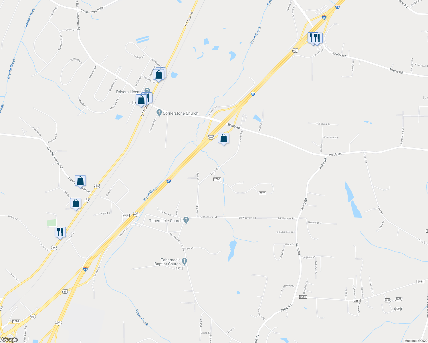 map of restaurants, bars, coffee shops, grocery stores, and more near Leach Road in Salisbury