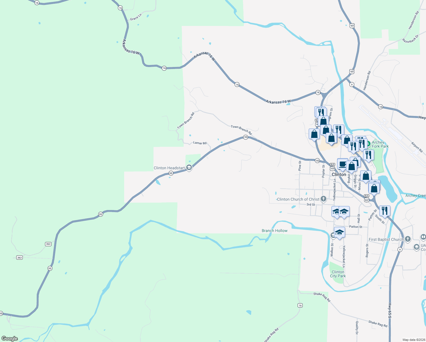 map of restaurants, bars, coffee shops, grocery stores, and more near 1146 Arkansas 95 in Clinton