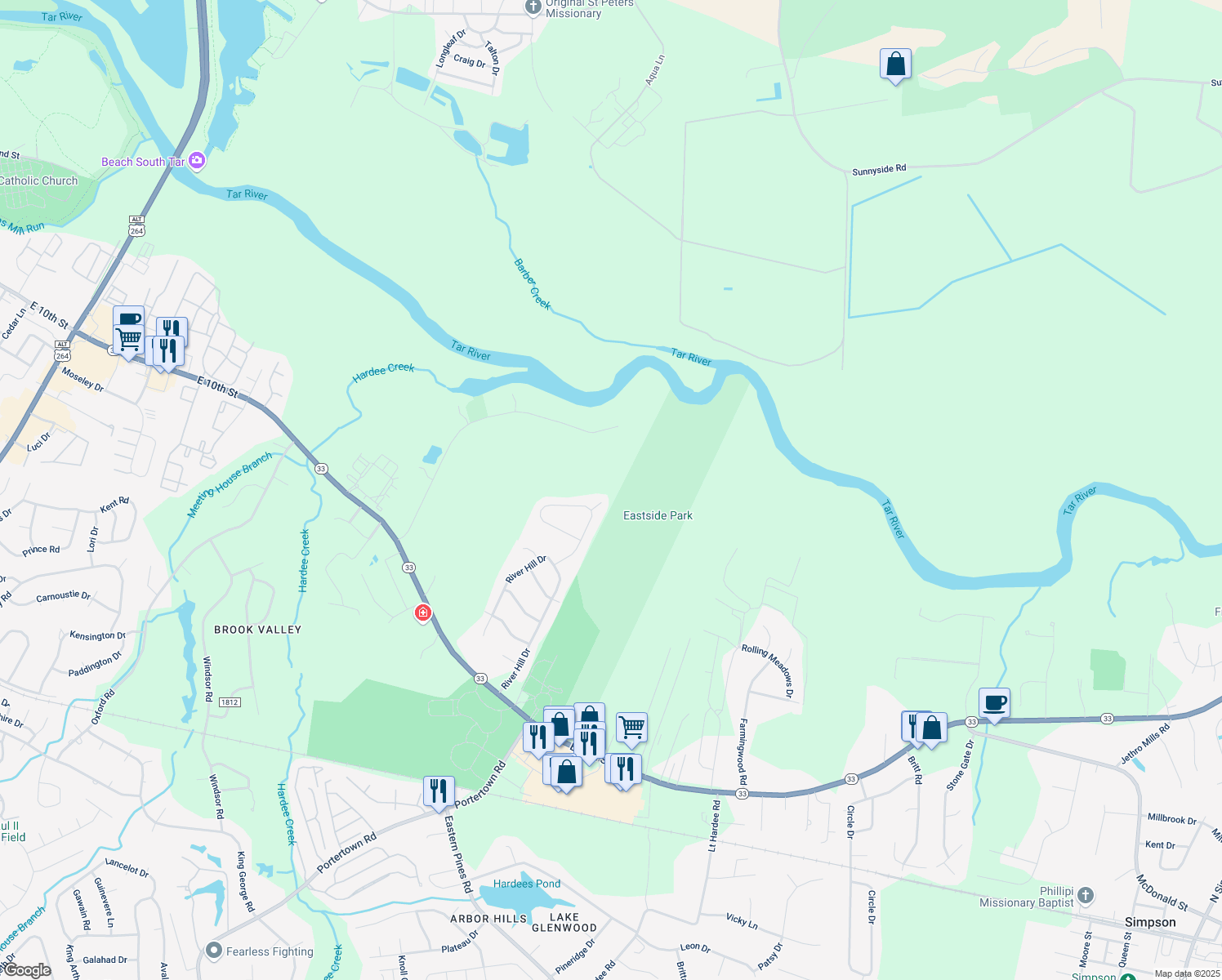 map of restaurants, bars, coffee shops, grocery stores, and more near 4000 Jared Ct in Greenville