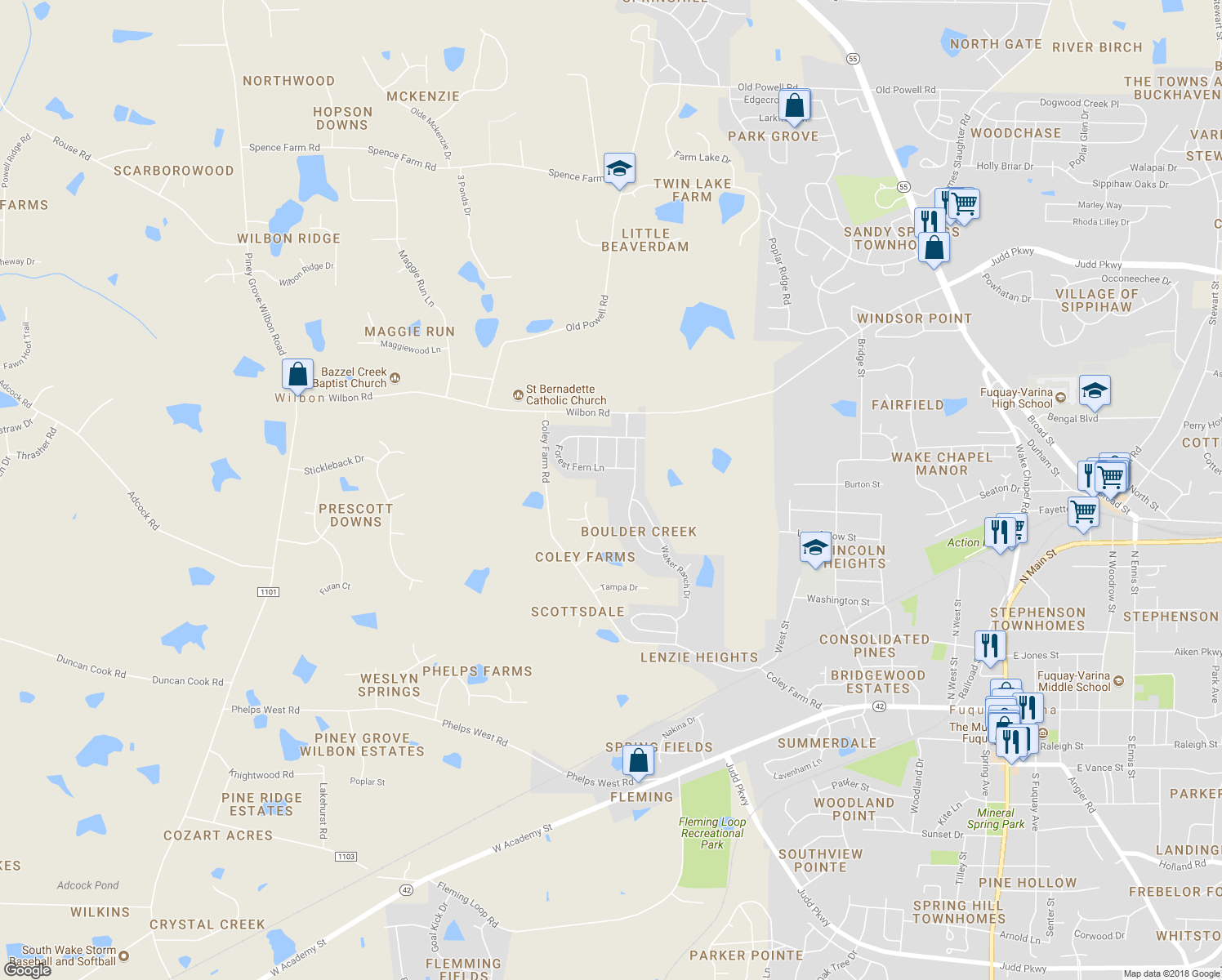 map of restaurants, bars, coffee shops, grocery stores, and more near 1432 Forest Fern Lane in Fuquay Varina