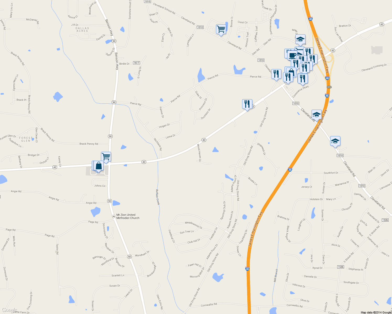 map of restaurants, bars, coffee shops, grocery stores, and more near 36 Miry Branch Court in Garner