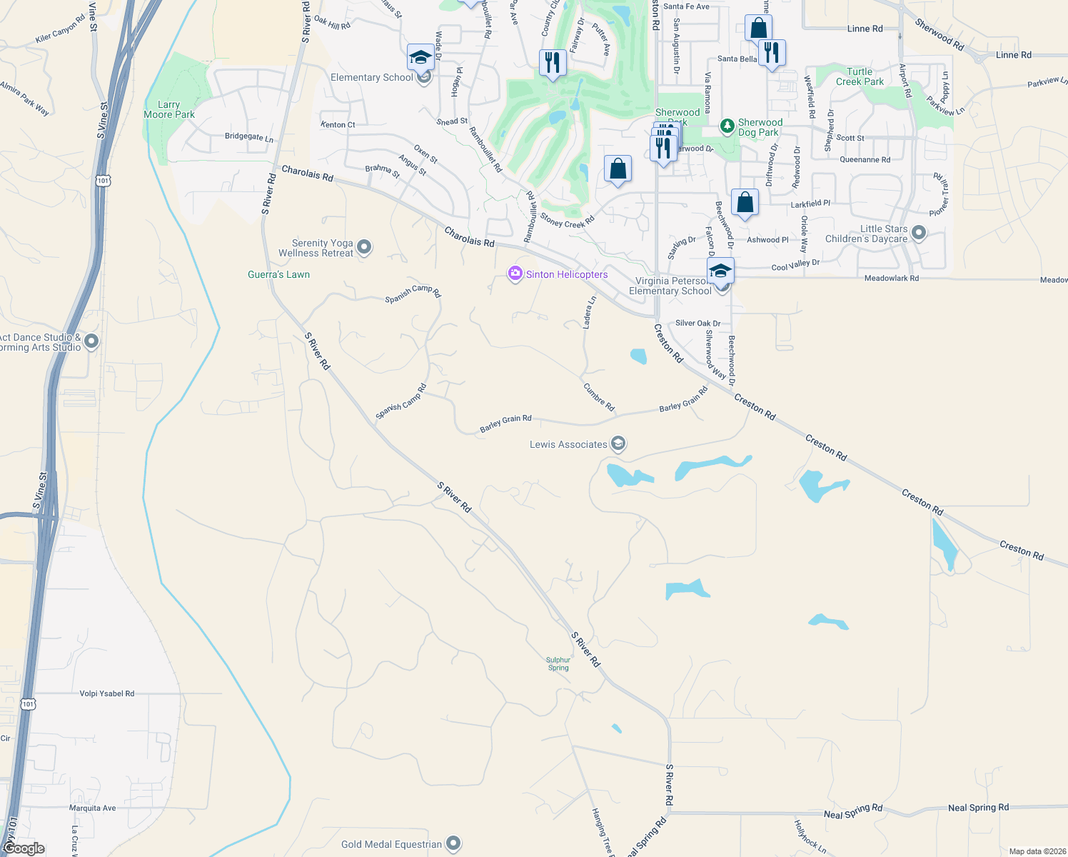 map of restaurants, bars, coffee shops, grocery stores, and more near 1655 Barley Grain Road in Paso Robles