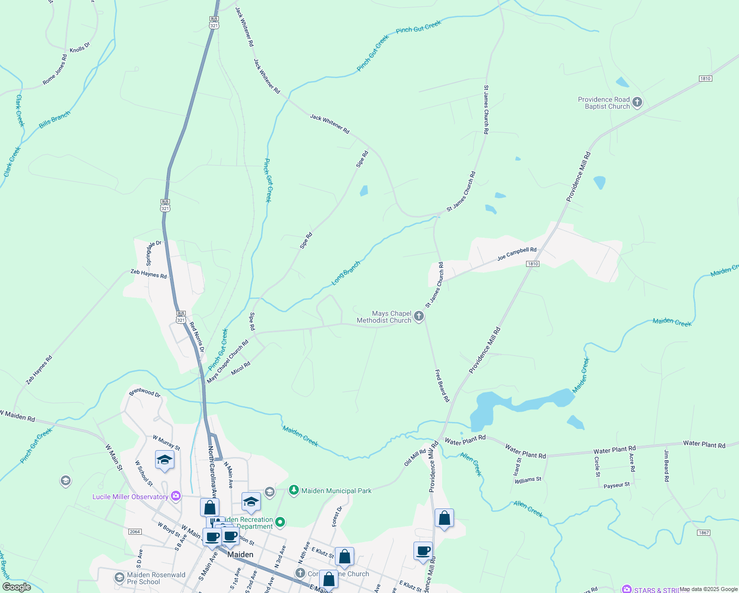 map of restaurants, bars, coffee shops, grocery stores, and more near 1606 Mays Chapel Church Road in Newton
