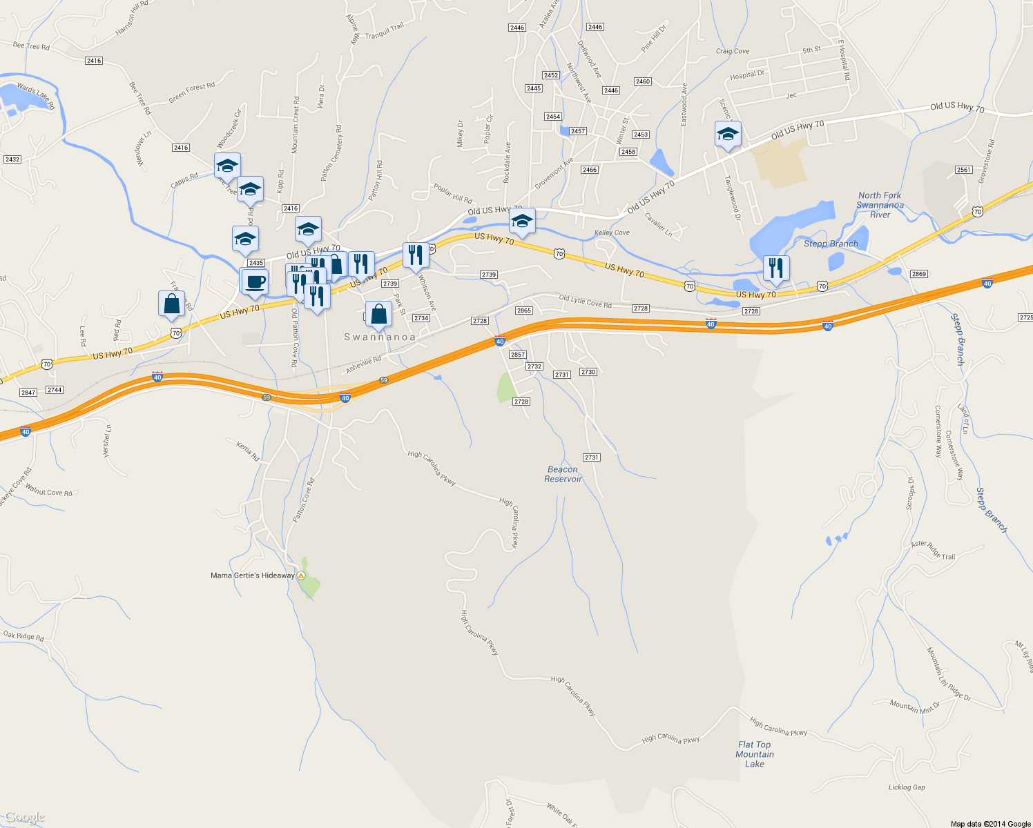 map of restaurants, bars, coffee shops, grocery stores, and more near 109 Getaway Drive in Swannanoa