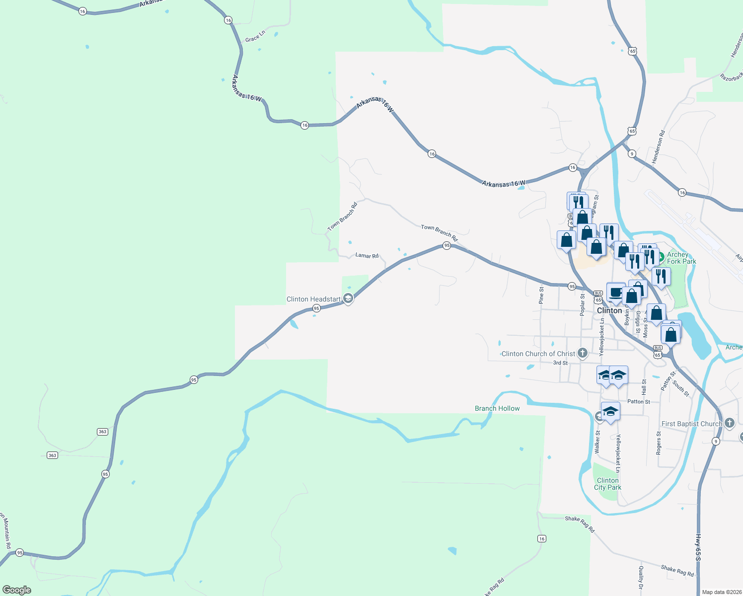 map of restaurants, bars, coffee shops, grocery stores, and more near 1146 Arkansas 95 in Clinton