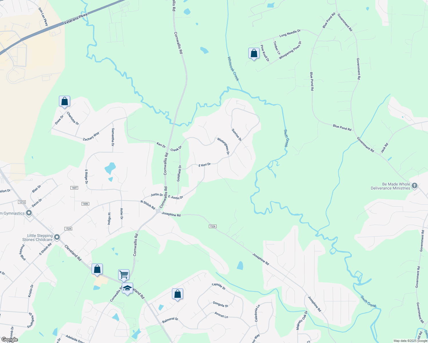 map of restaurants, bars, coffee shops, grocery stores, and more near 108 Foxglove Drive in Garner