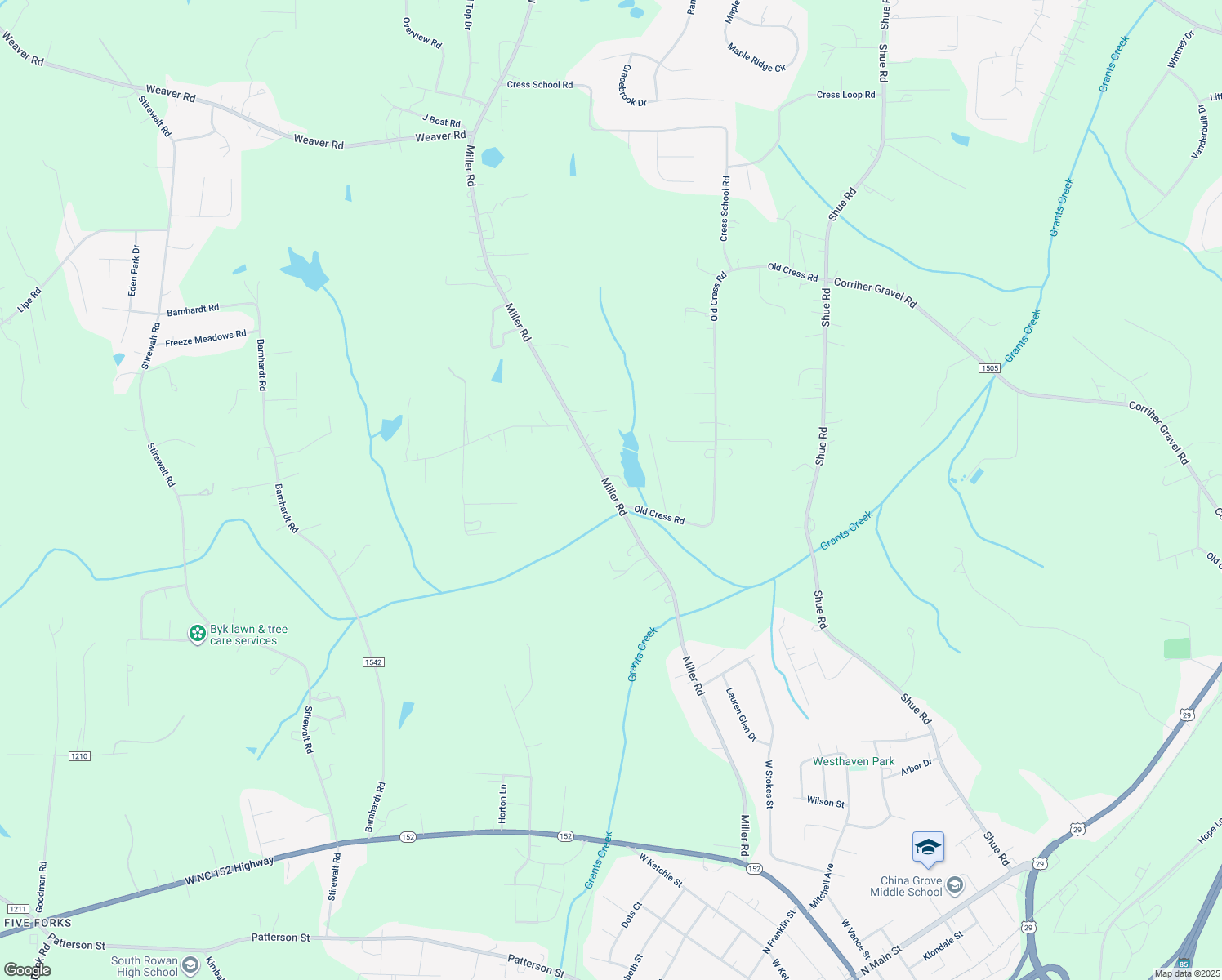 map of restaurants, bars, coffee shops, grocery stores, and more near Miller Road in China Grove
