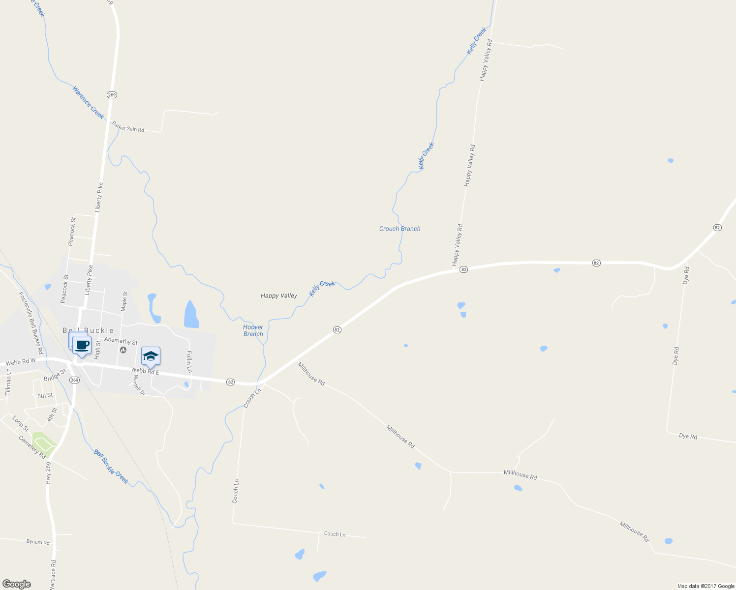 map of restaurants, bars, coffee shops, grocery stores, and more near 2245 Tennessee 82 in Bell Buckle