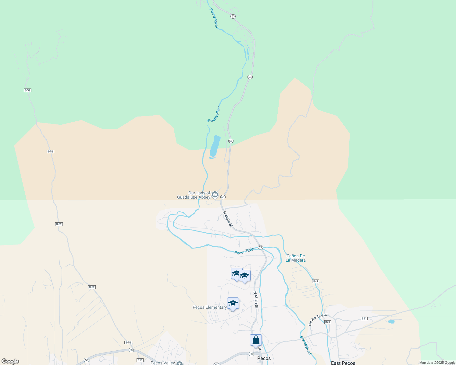 map of restaurants, bars, coffee shops, grocery stores, and more near Highway 63 in Pecos