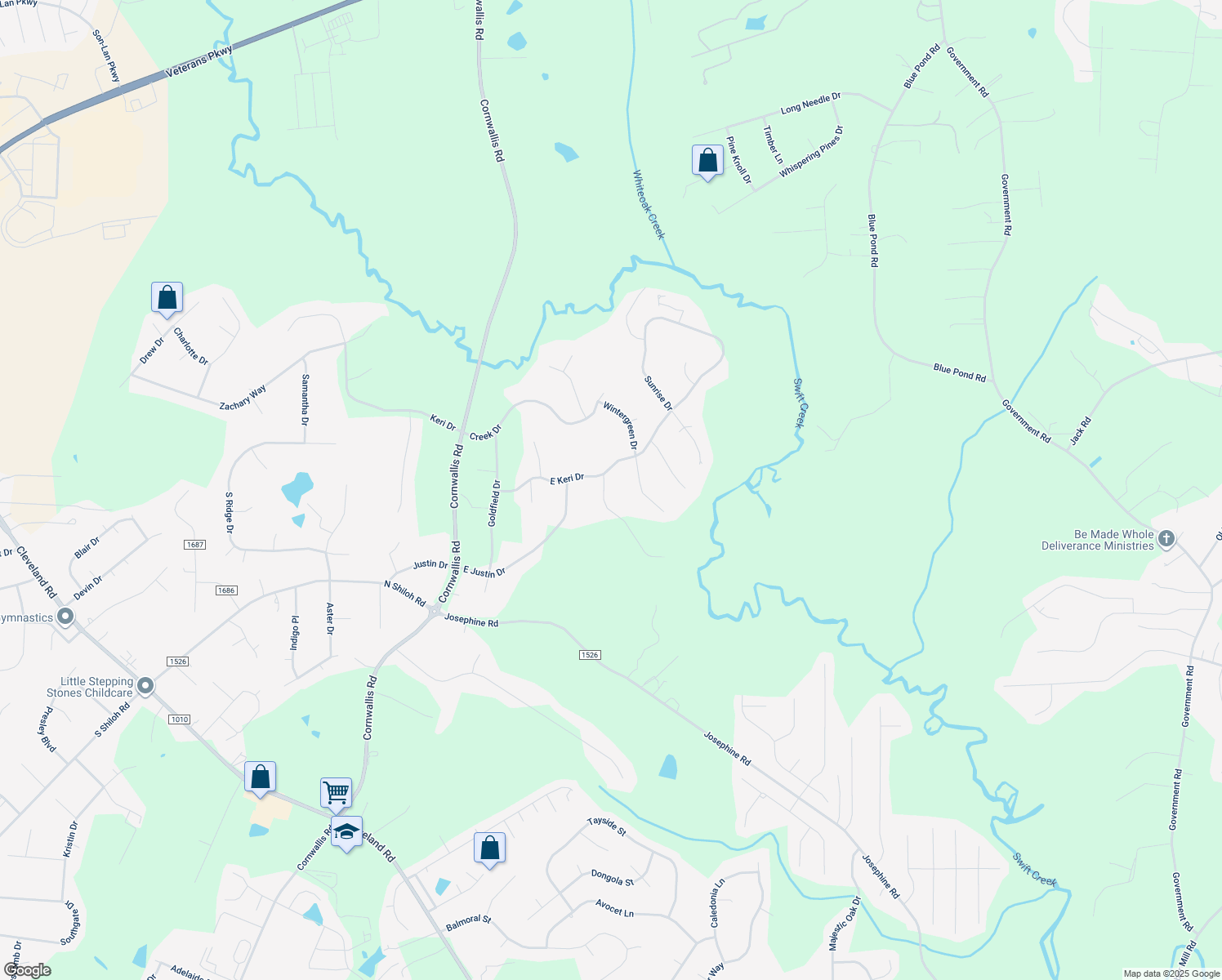 map of restaurants, bars, coffee shops, grocery stores, and more near 105 Foxglove Drive in Garner