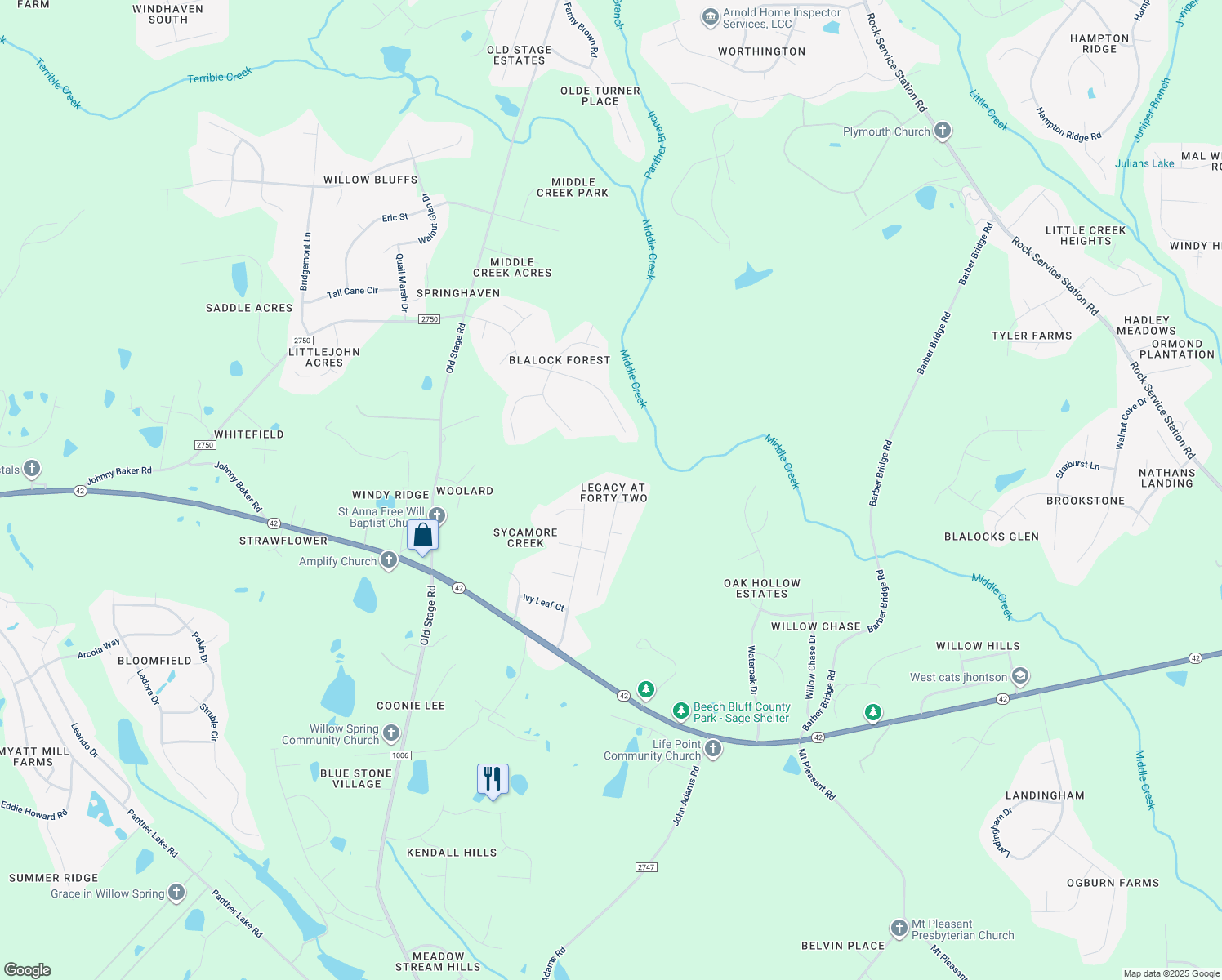map of restaurants, bars, coffee shops, grocery stores, and more near 7212 Messenger Drive in Willow Spring