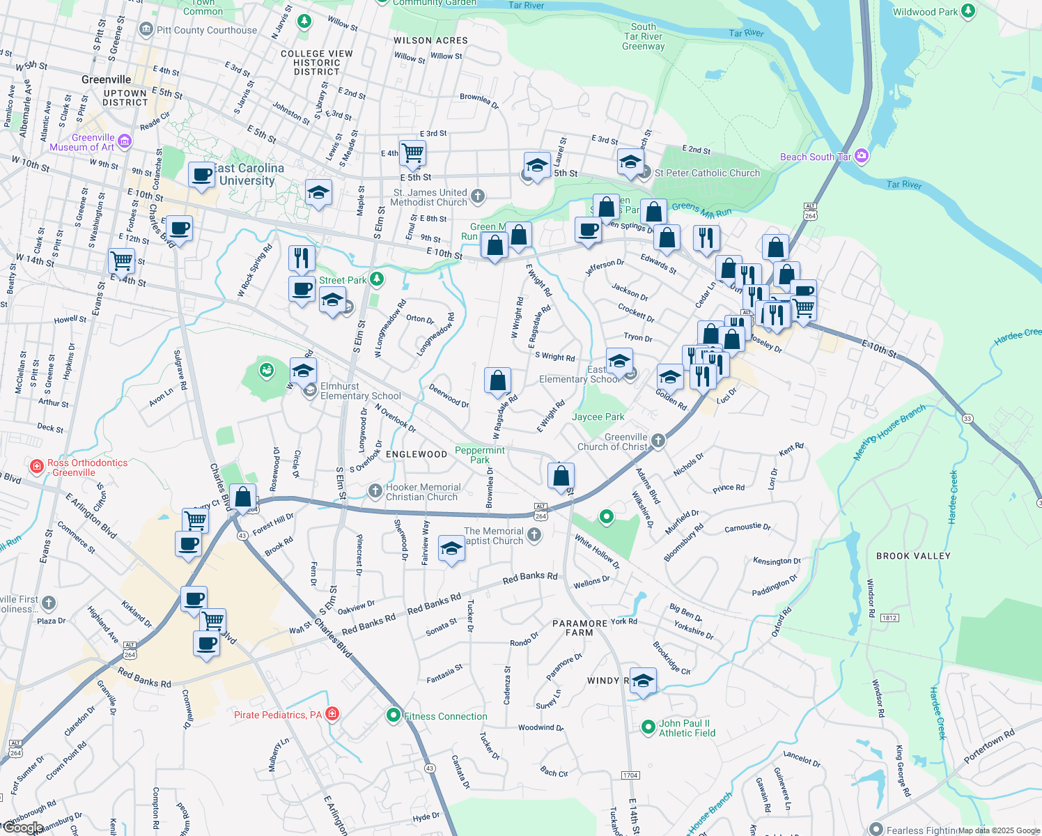 map of restaurants, bars, coffee shops, grocery stores, and more near 2406 Umstead Avenue in Greenville
