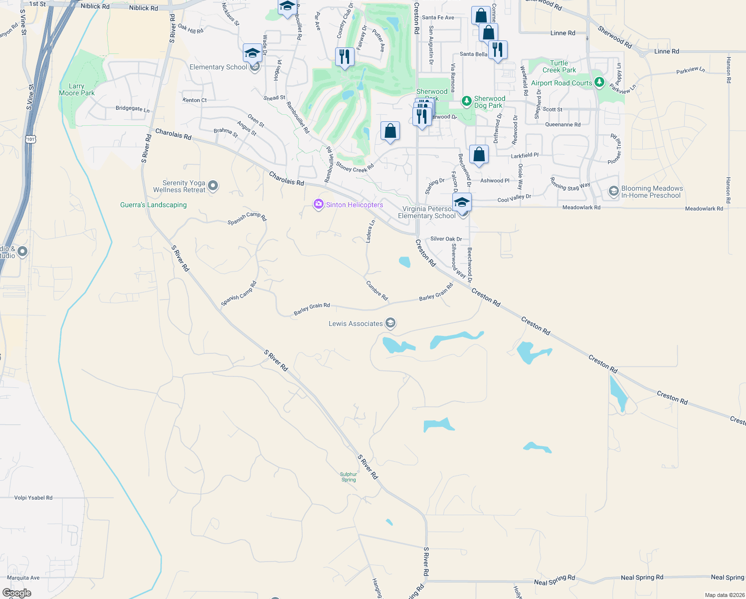 map of restaurants, bars, coffee shops, grocery stores, and more near 1885 Cumbre Road in Paso Robles