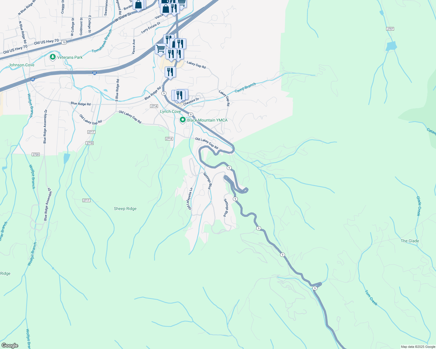 map of restaurants, bars, coffee shops, grocery stores, and more near 190 Settings Boulevard in Black Mountain