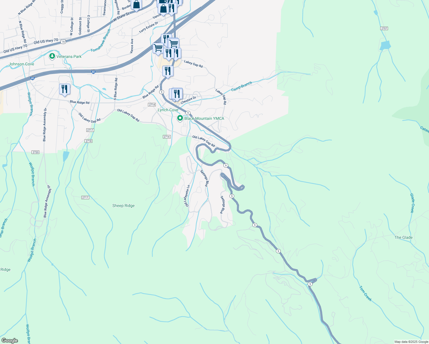 map of restaurants, bars, coffee shops, grocery stores, and more near 190 Settings Boulevard in Black Mountain