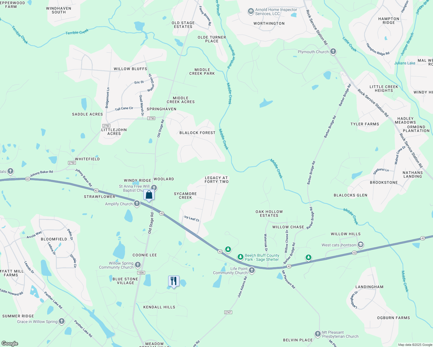 map of restaurants, bars, coffee shops, grocery stores, and more near 7204 Messenger Drive in Willow Spring