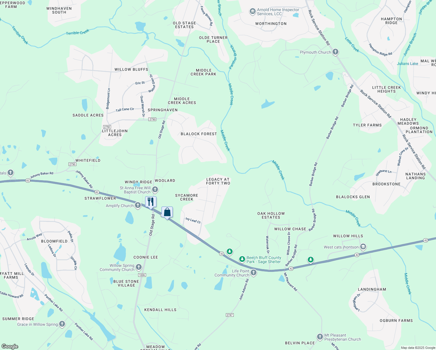 map of restaurants, bars, coffee shops, grocery stores, and more near 7204 Messenger Drive in Willow Spring