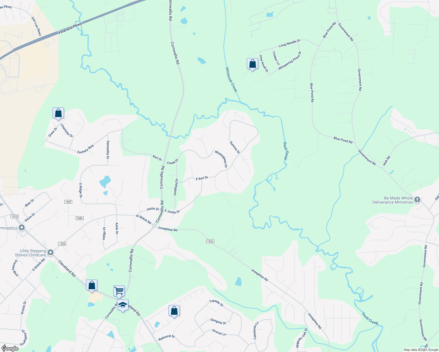 map of restaurants, bars, coffee shops, grocery stores, and more near 742 East Keri Drive in Garner