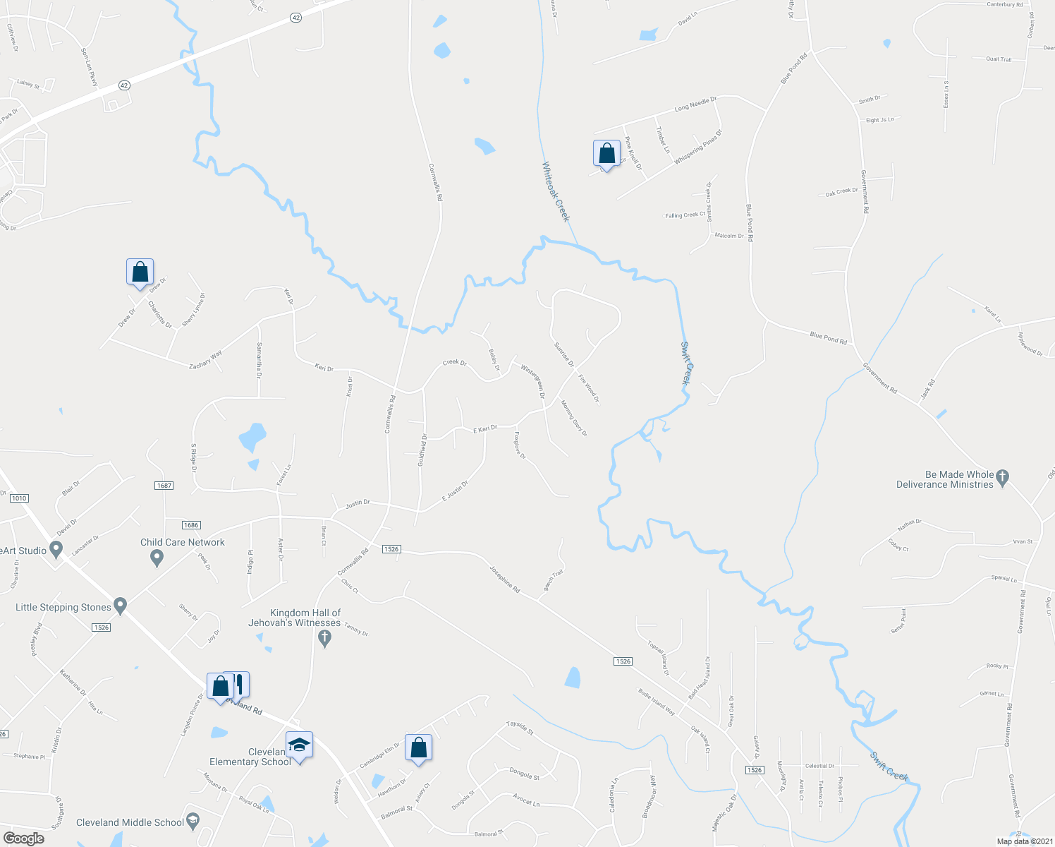 map of restaurants, bars, coffee shops, grocery stores, and more near 742 East Keri Drive in Garner
