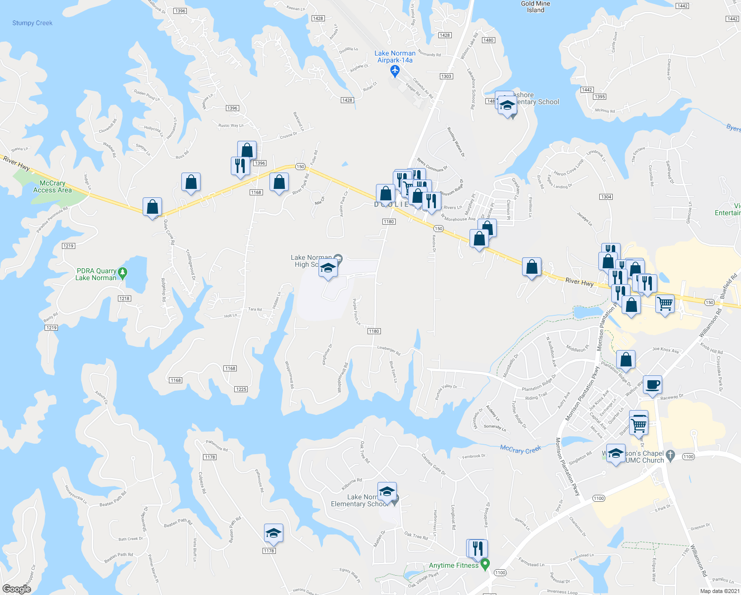 map of restaurants, bars, coffee shops, grocery stores, and more near 212 Doolie Road in Mooresville