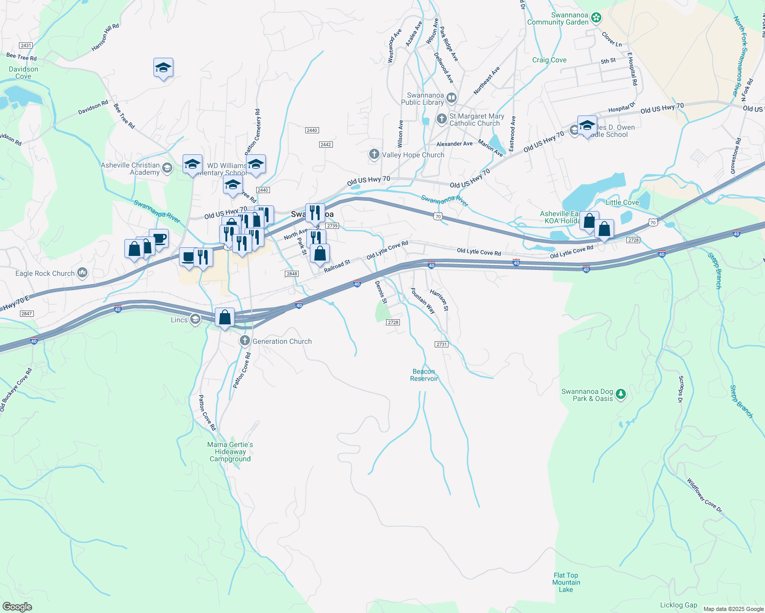 map of restaurants, bars, coffee shops, grocery stores, and more near 4 Nolan Field Lane in Swannanoa
