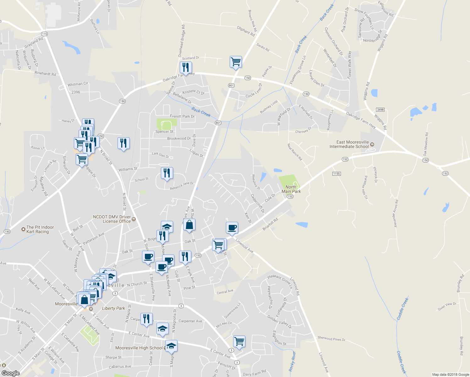 map of restaurants, bars, coffee shops, grocery stores, and more near 338 Cedarcroft Drive in Mooresville