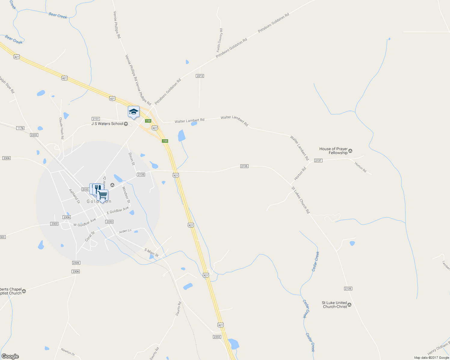 map of restaurants, bars, coffee shops, grocery stores, and more near 1104 Saint Lukes Church Road in Goldston