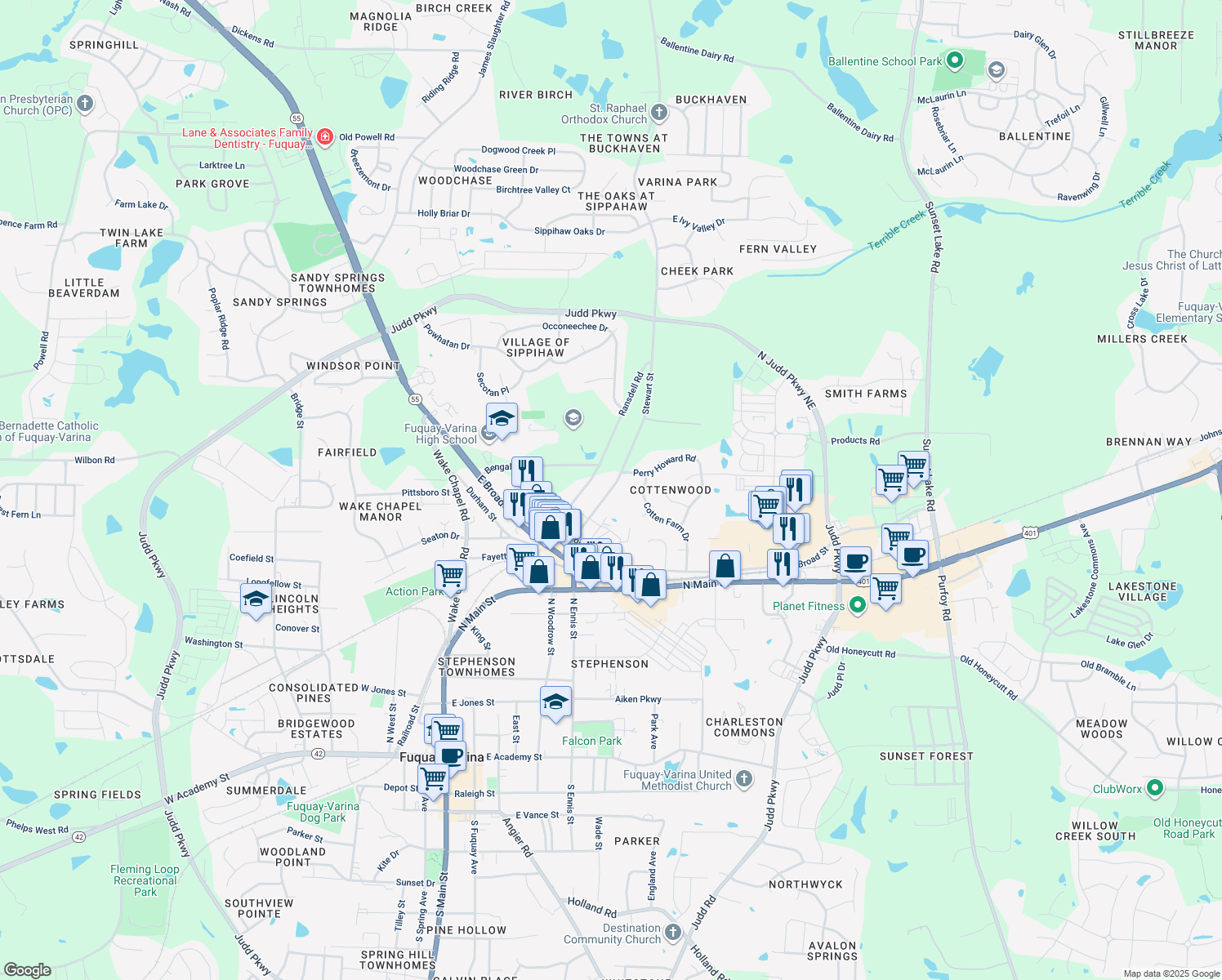 map of restaurants, bars, coffee shops, grocery stores, and more near 1016 Stewart Street in Fuquay Varina