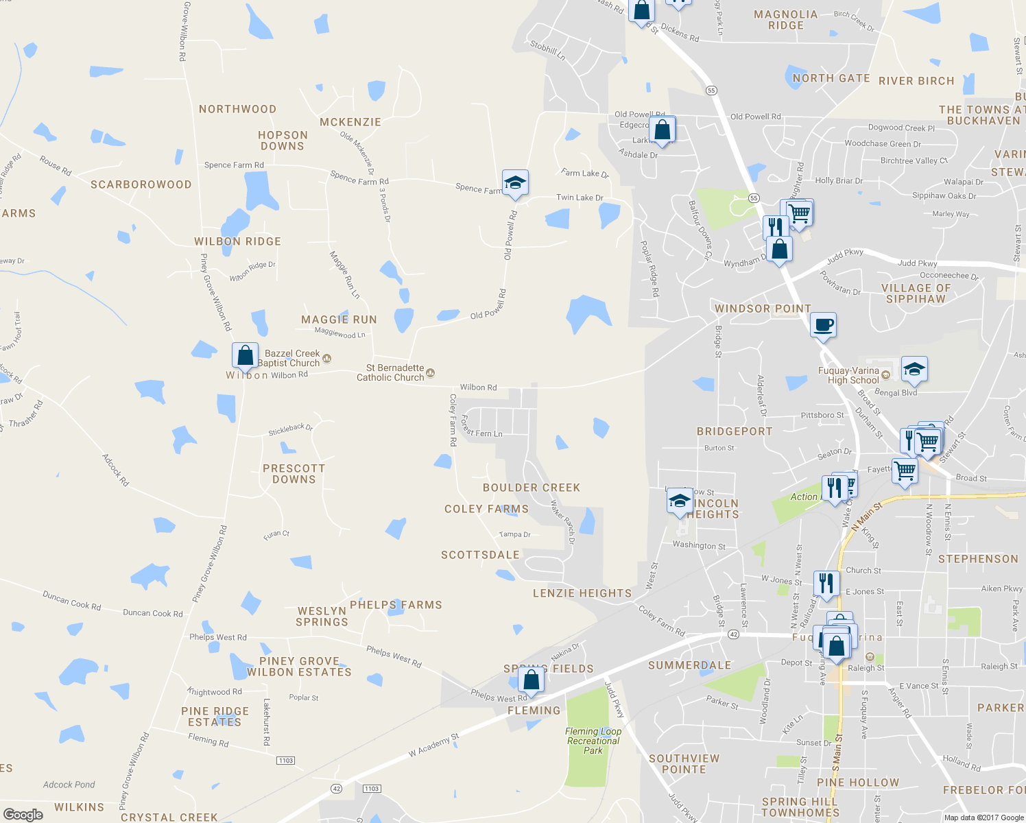 map of restaurants, bars, coffee shops, grocery stores, and more near 704 Fireweed Lane in Fuquay Varina