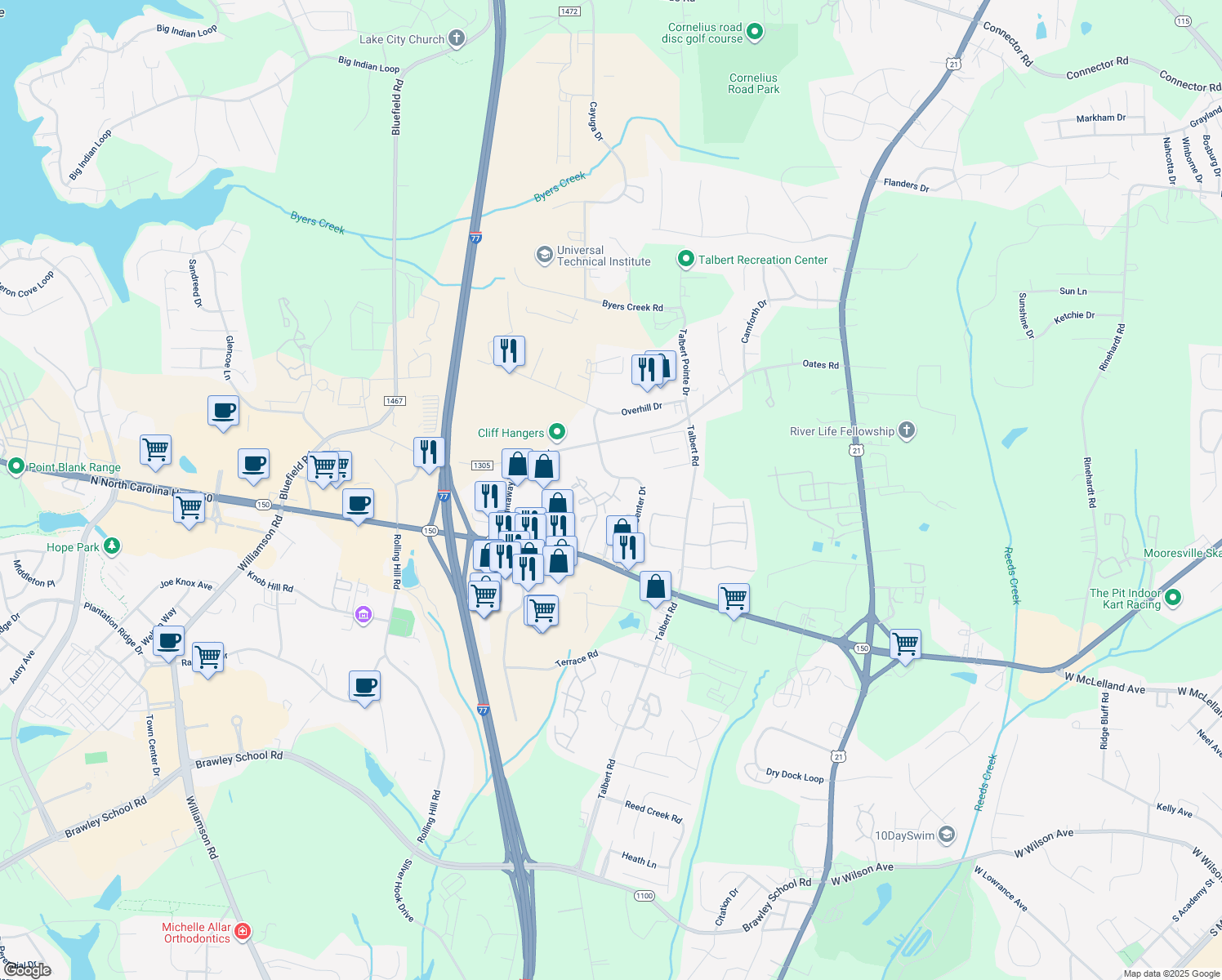 map of restaurants, bars, coffee shops, grocery stores, and more near 131 Summerwood Dr in Mooresville