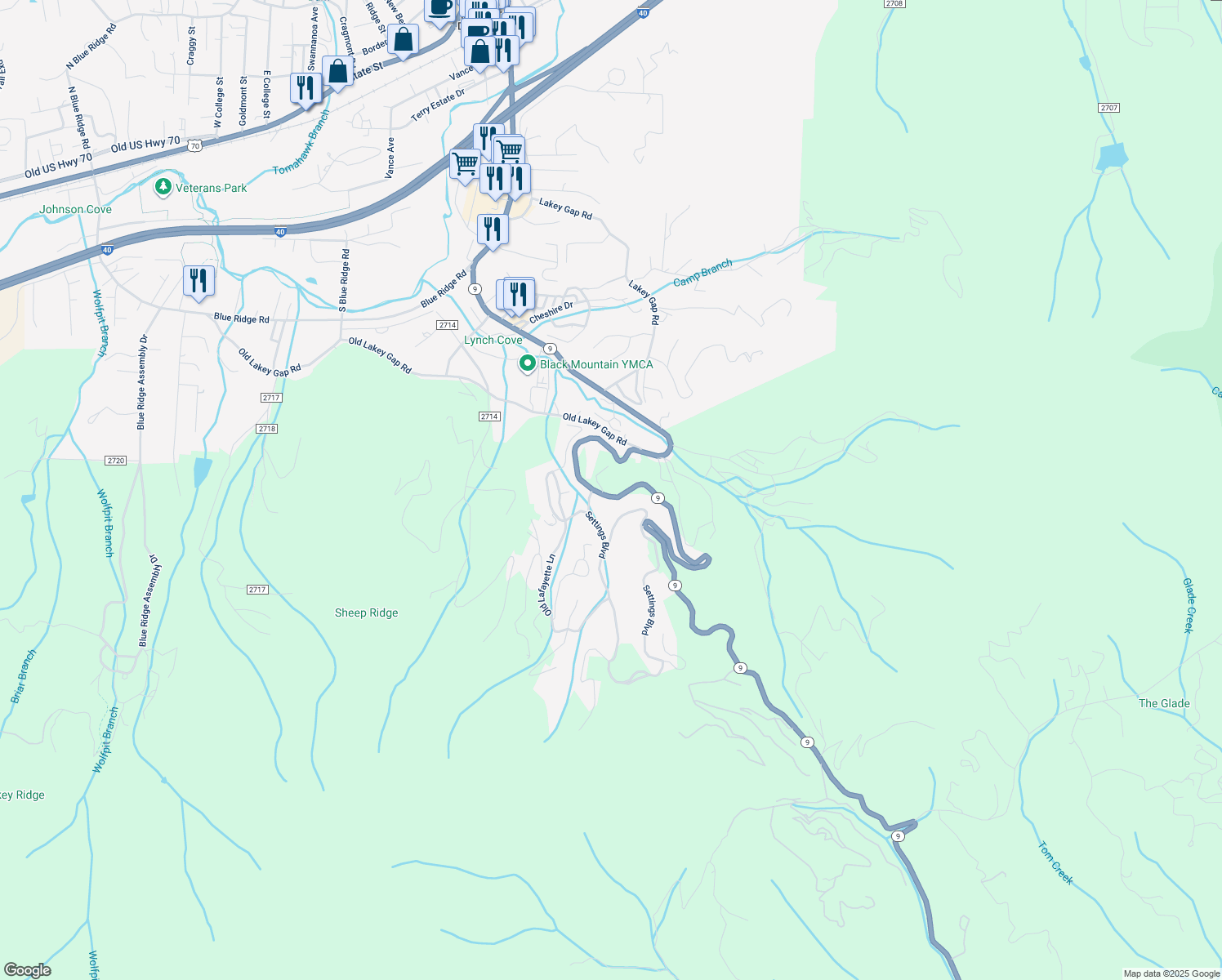 map of restaurants, bars, coffee shops, grocery stores, and more near 5 Knoll Hill in Black Mountain