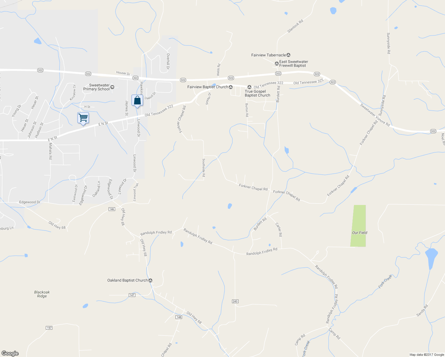 map of restaurants, bars, coffee shops, grocery stores, and more near 360 Forkner Chapel Road in Sweetwater