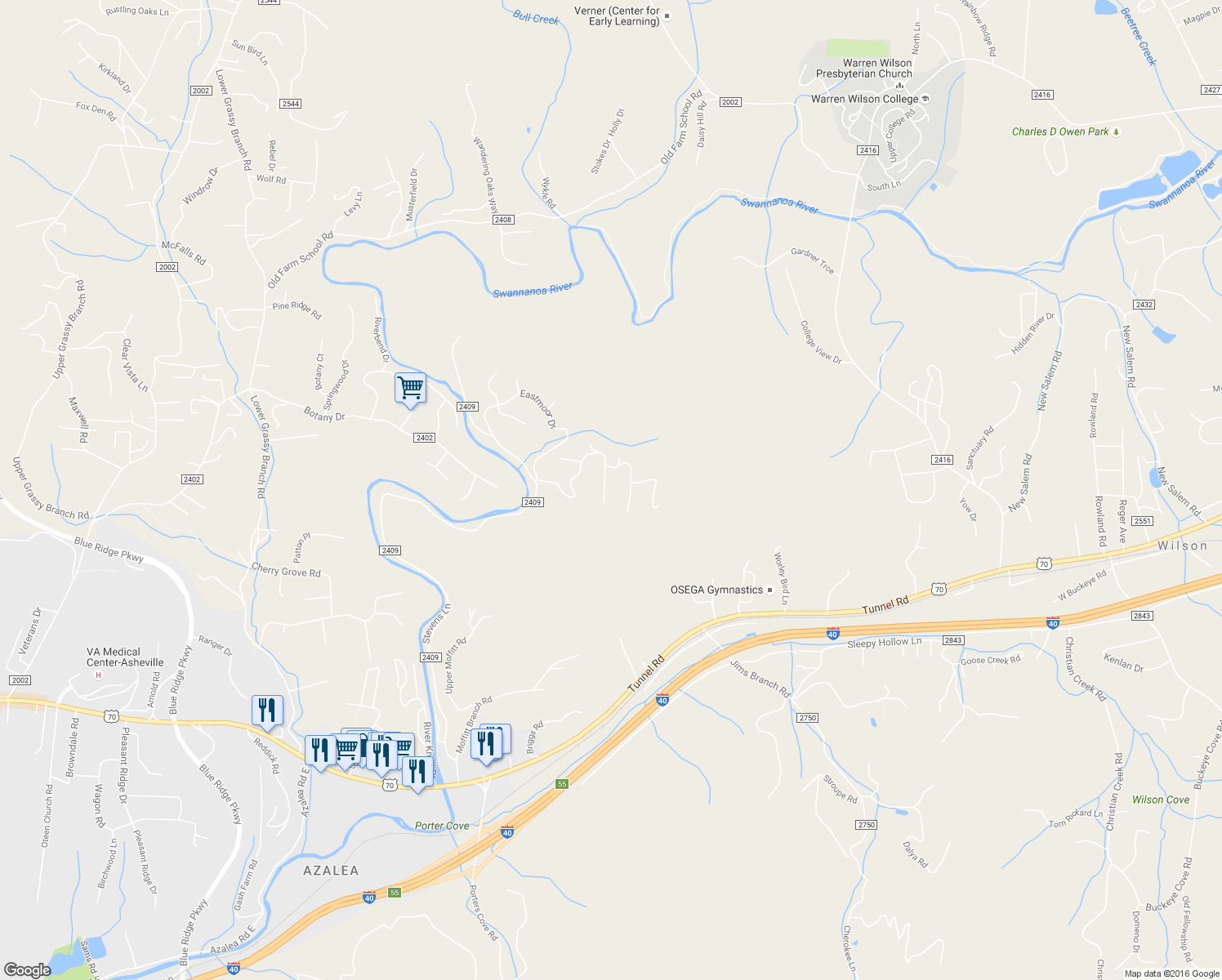 map of restaurants, bars, coffee shops, grocery stores, and more near 11 Glen Cable Road in Asheville