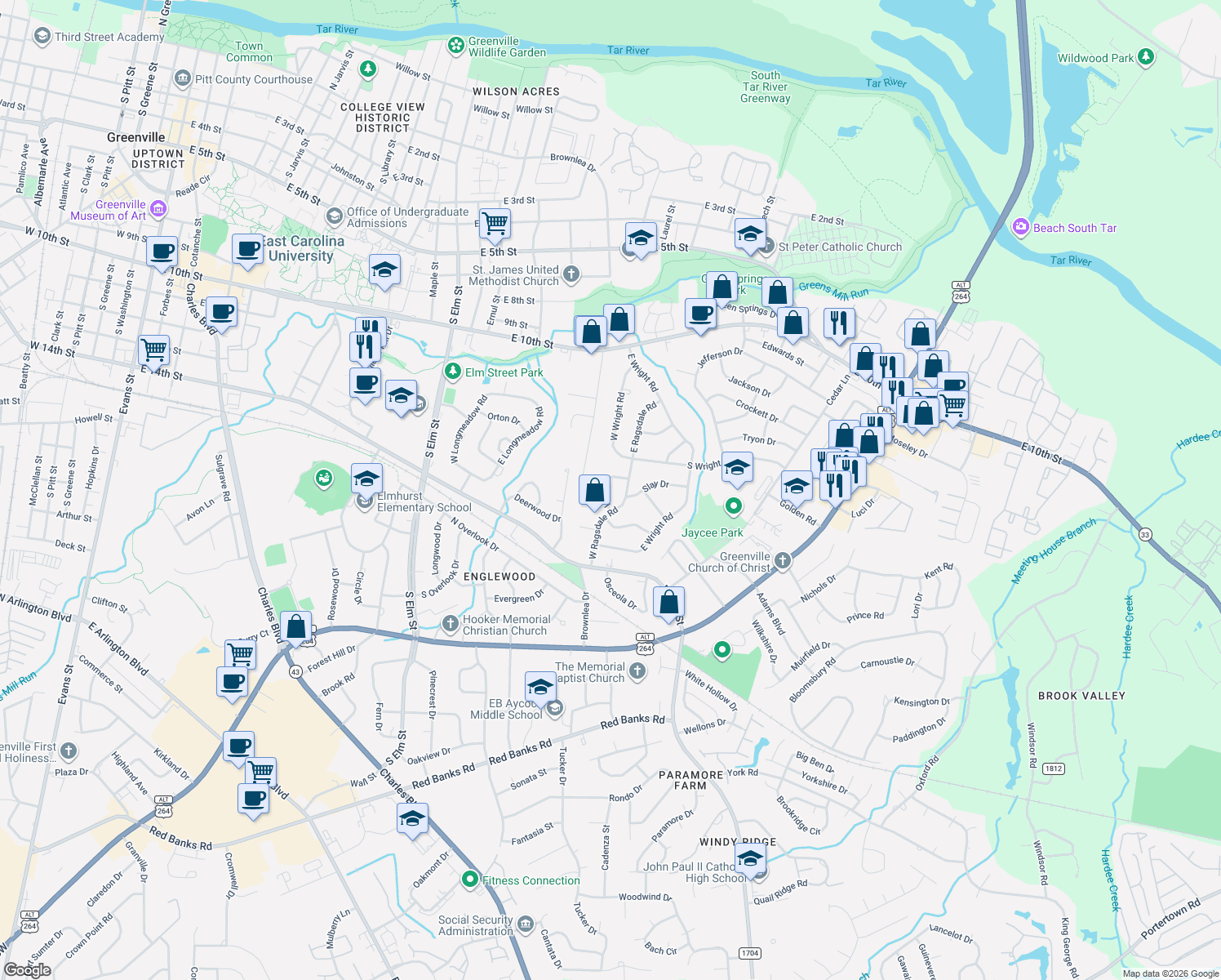 map of restaurants, bars, coffee shops, grocery stores, and more near 2307 Deal Pl in Greenville