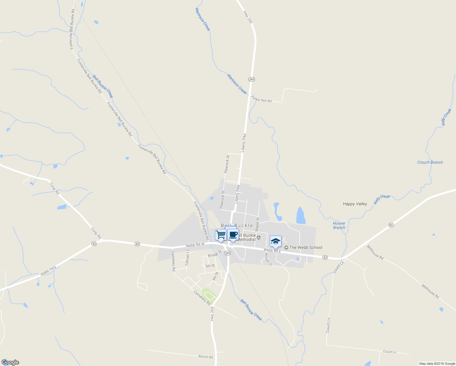 map of restaurants, bars, coffee shops, grocery stores, and more near 314 Peacock Street in Bell Buckle