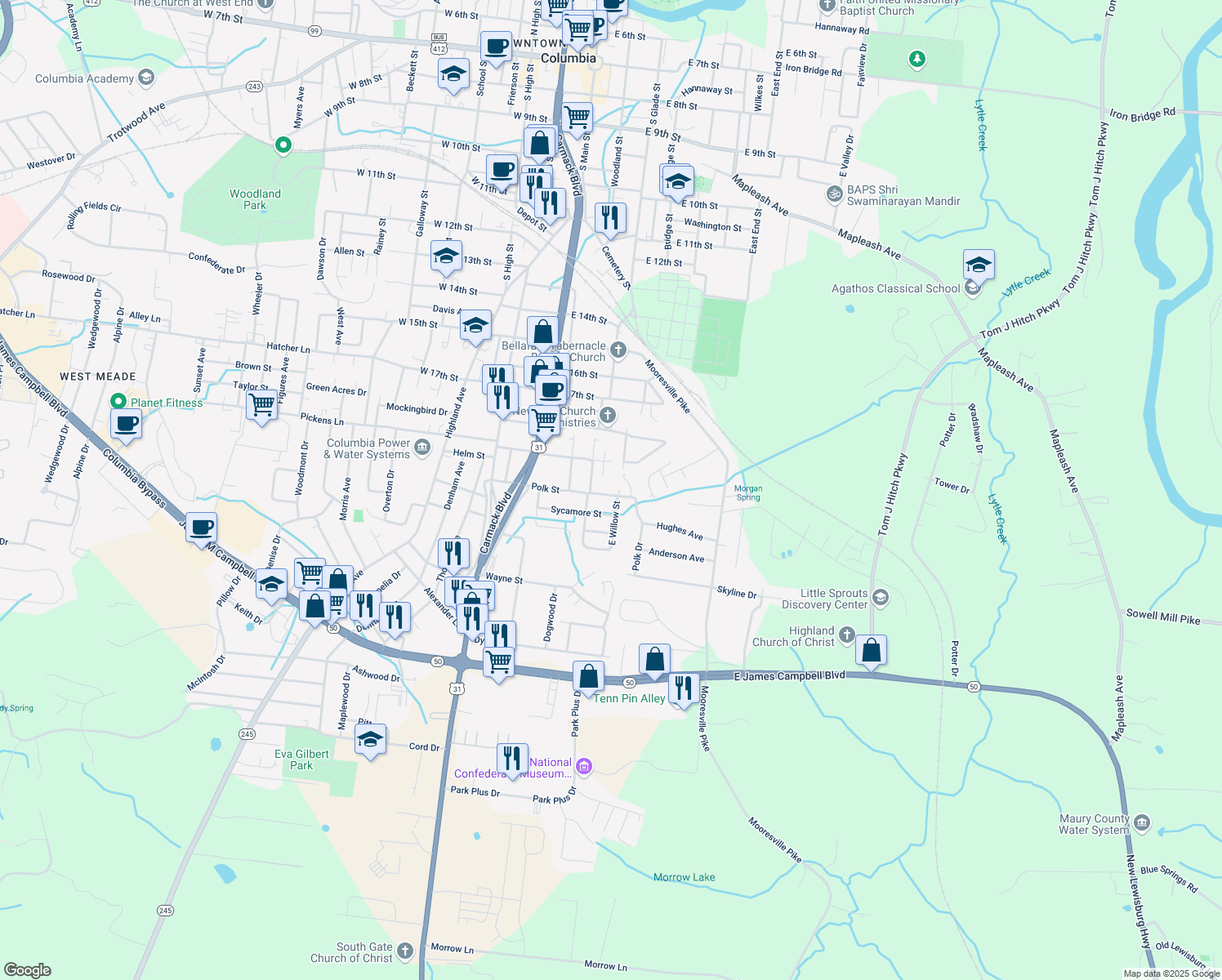 map of restaurants, bars, coffee shops, grocery stores, and more near 305 Polk Street in Columbia