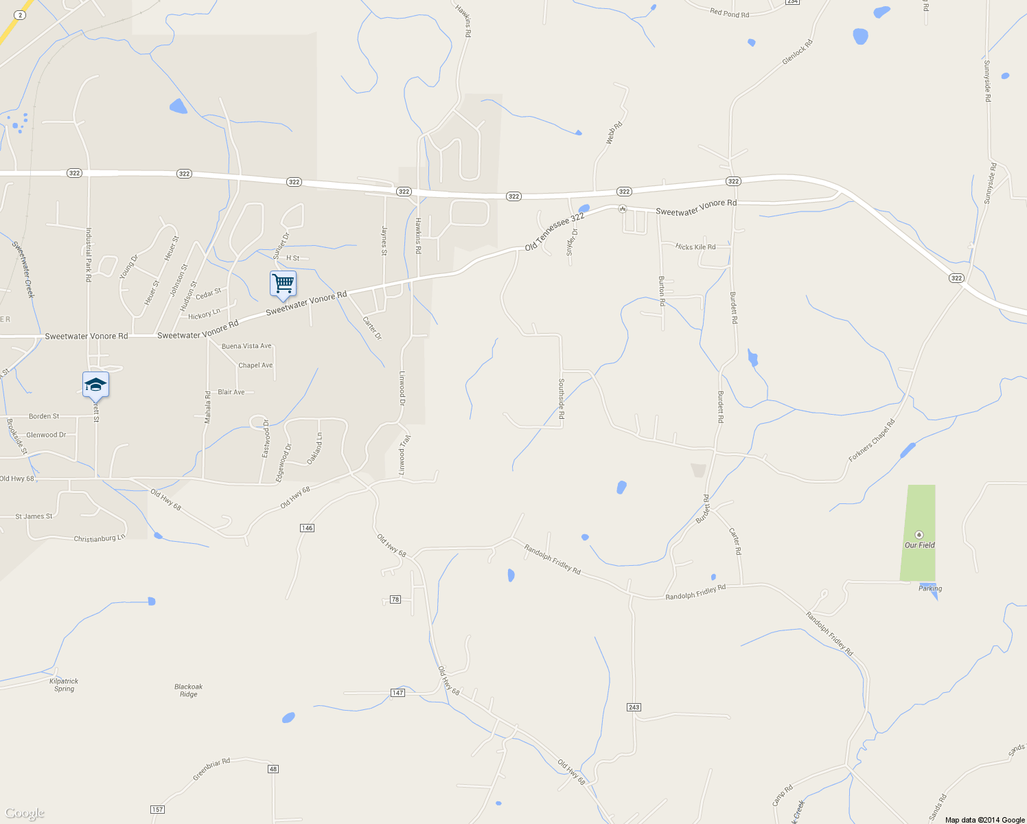 map of restaurants, bars, coffee shops, grocery stores, and more near 196 Southside Road in Sweetwater