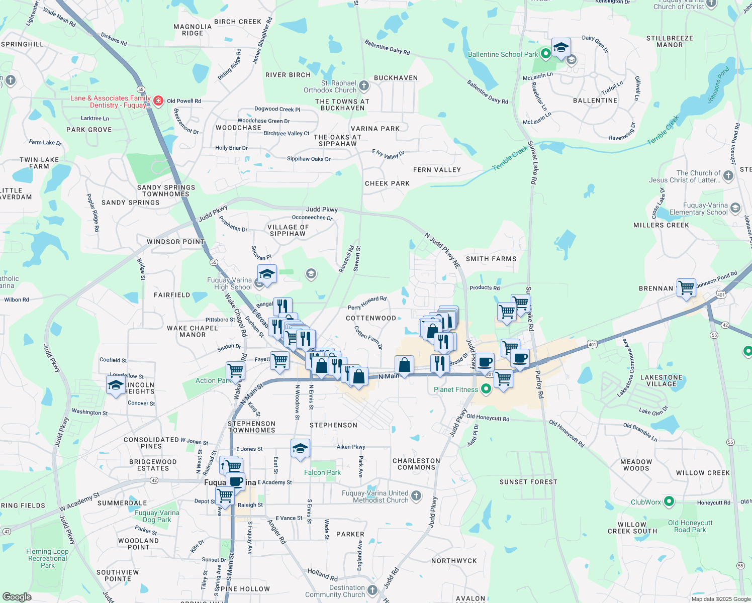 map of restaurants, bars, coffee shops, grocery stores, and more near 708 Perry Howard Road in Fuquay Varina