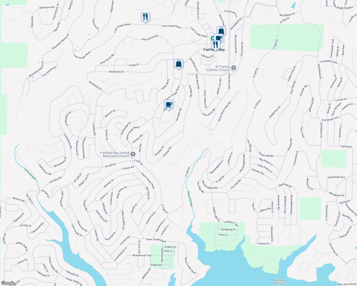 map of restaurants, bars, coffee shops, grocery stores, and more near 219 Dunlop Road in Fairfield Bay