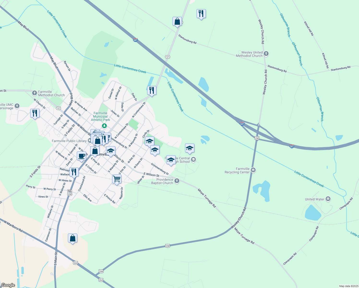 map of restaurants, bars, coffee shops, grocery stores, and more near 3109 Arrowhead Pl in Farmville