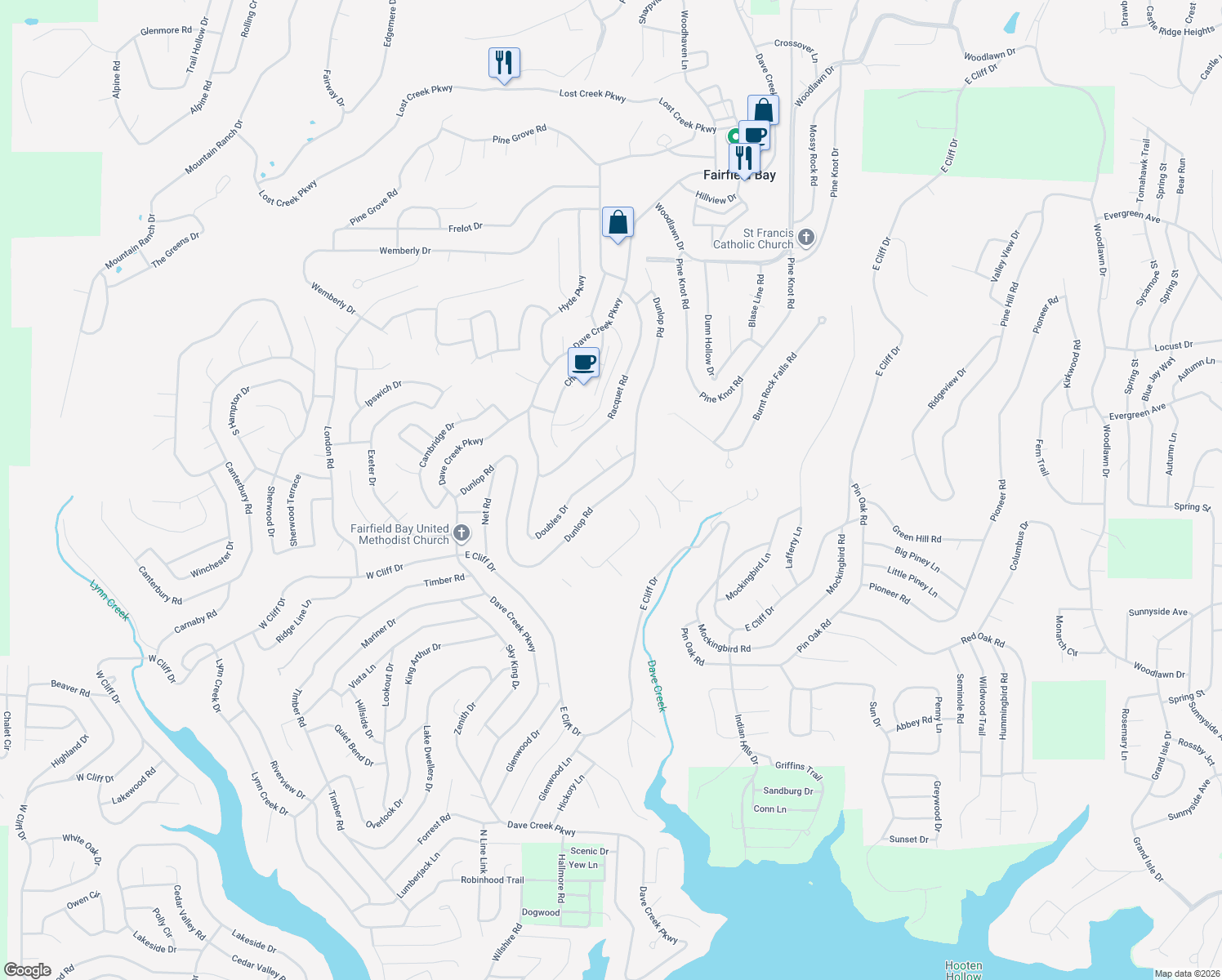 map of restaurants, bars, coffee shops, grocery stores, and more near 219 Dunlop Road in Fairfield Bay
