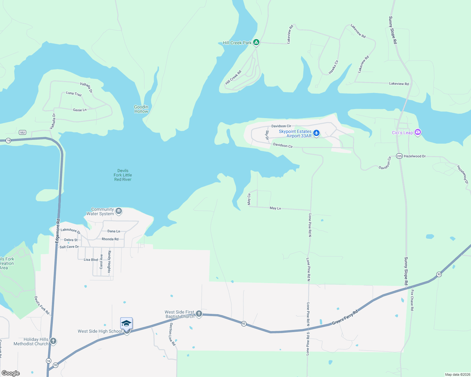 map of restaurants, bars, coffee shops, grocery stores, and more near 49 May Lane in Greers Ferry