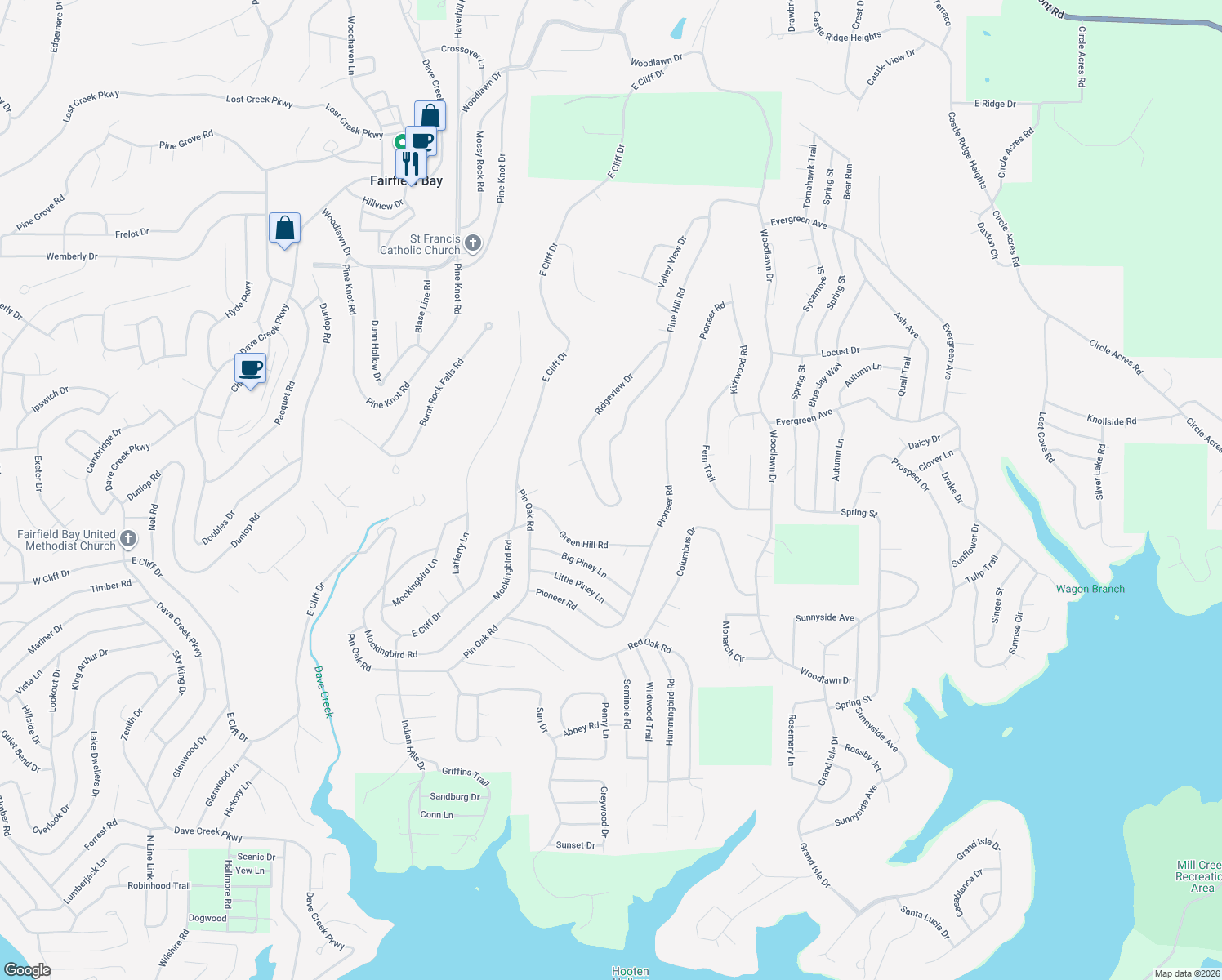 map of restaurants, bars, coffee shops, grocery stores, and more near 124 Eagle Ridge Trce in Fairfield Bay
