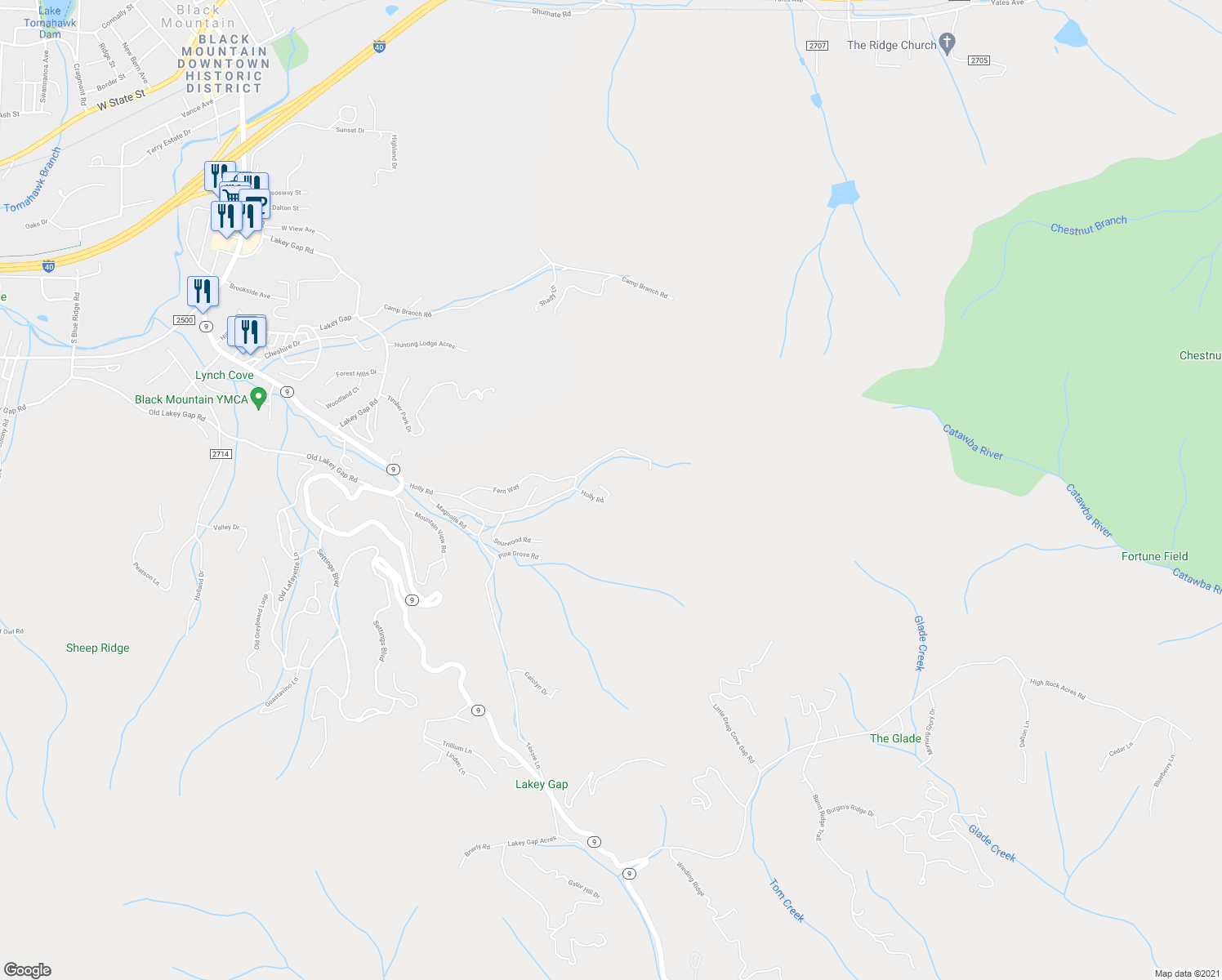 map of restaurants, bars, coffee shops, grocery stores, and more near 406 Ivy Road in Black Mountain