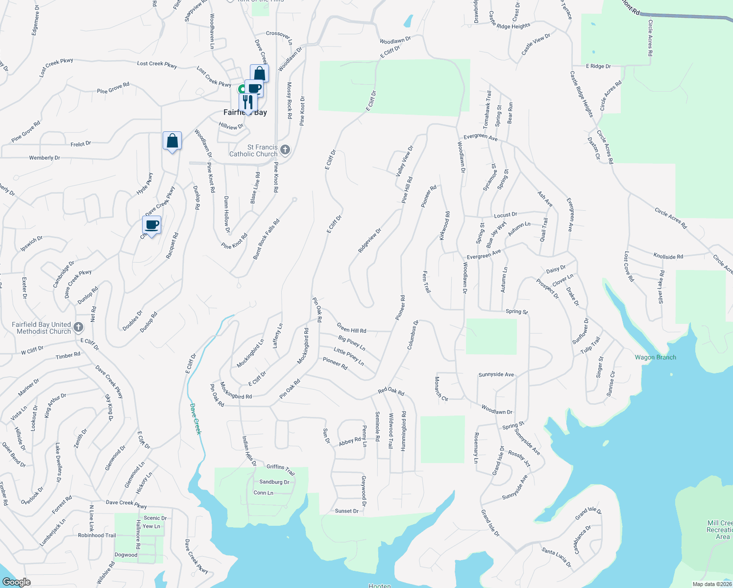 map of restaurants, bars, coffee shops, grocery stores, and more near 124 Eagle Ridge Trce in Fairfield Bay