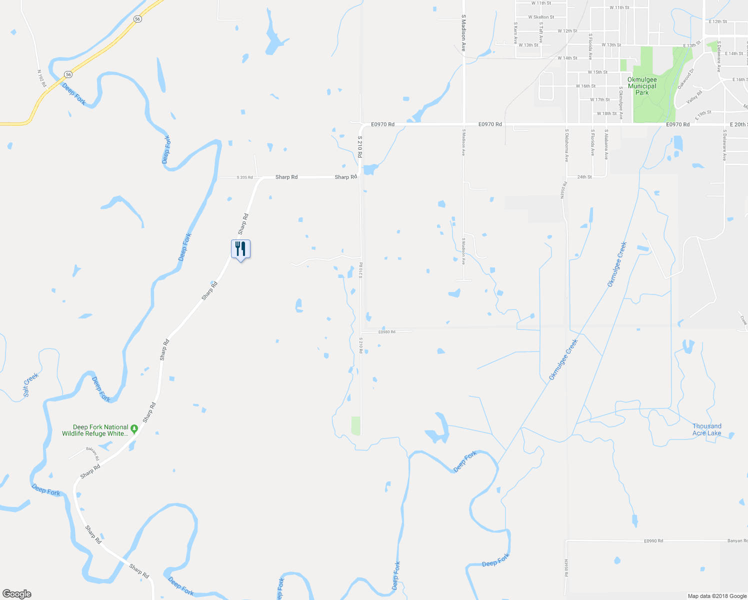 map of restaurants, bars, coffee shops, grocery stores, and more near 17690 South 210 Road in Okmulgee