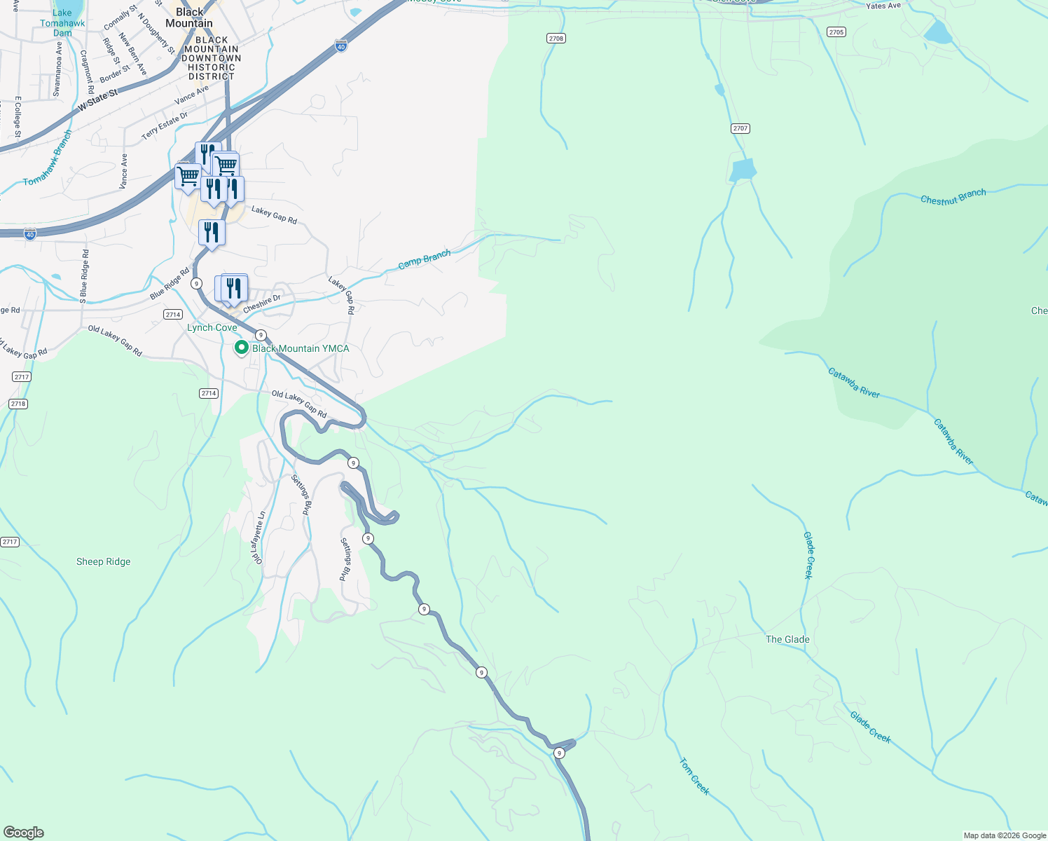 map of restaurants, bars, coffee shops, grocery stores, and more near 416 Ivy Road in Black Mountain